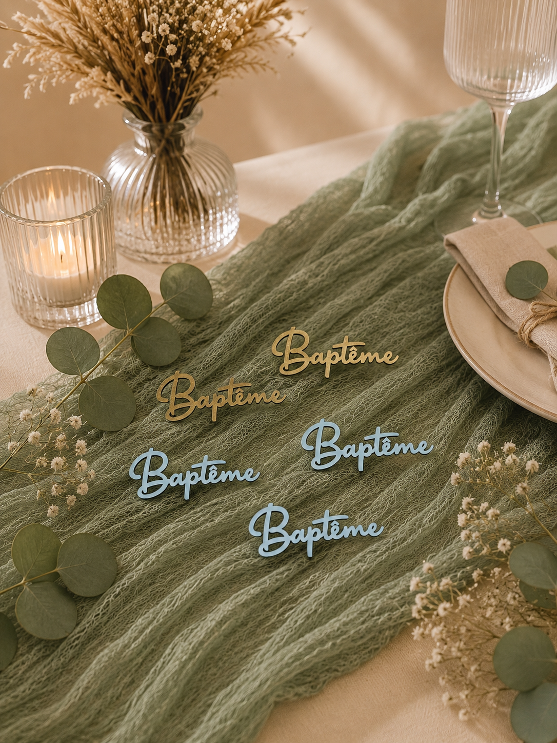 Décor de table pour une cérémonie de baptême : bougies, fleurs séchées, feuilles de eucalyptus, et étiquettes 'Baptême' en or et bleu posées sur un tissu vert amidon. Assiette et serviette en papier en haut à droite.