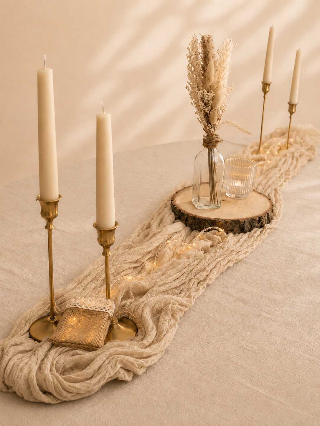 Chemin de table beige en location pour mariage, baptême et anniversaire.

