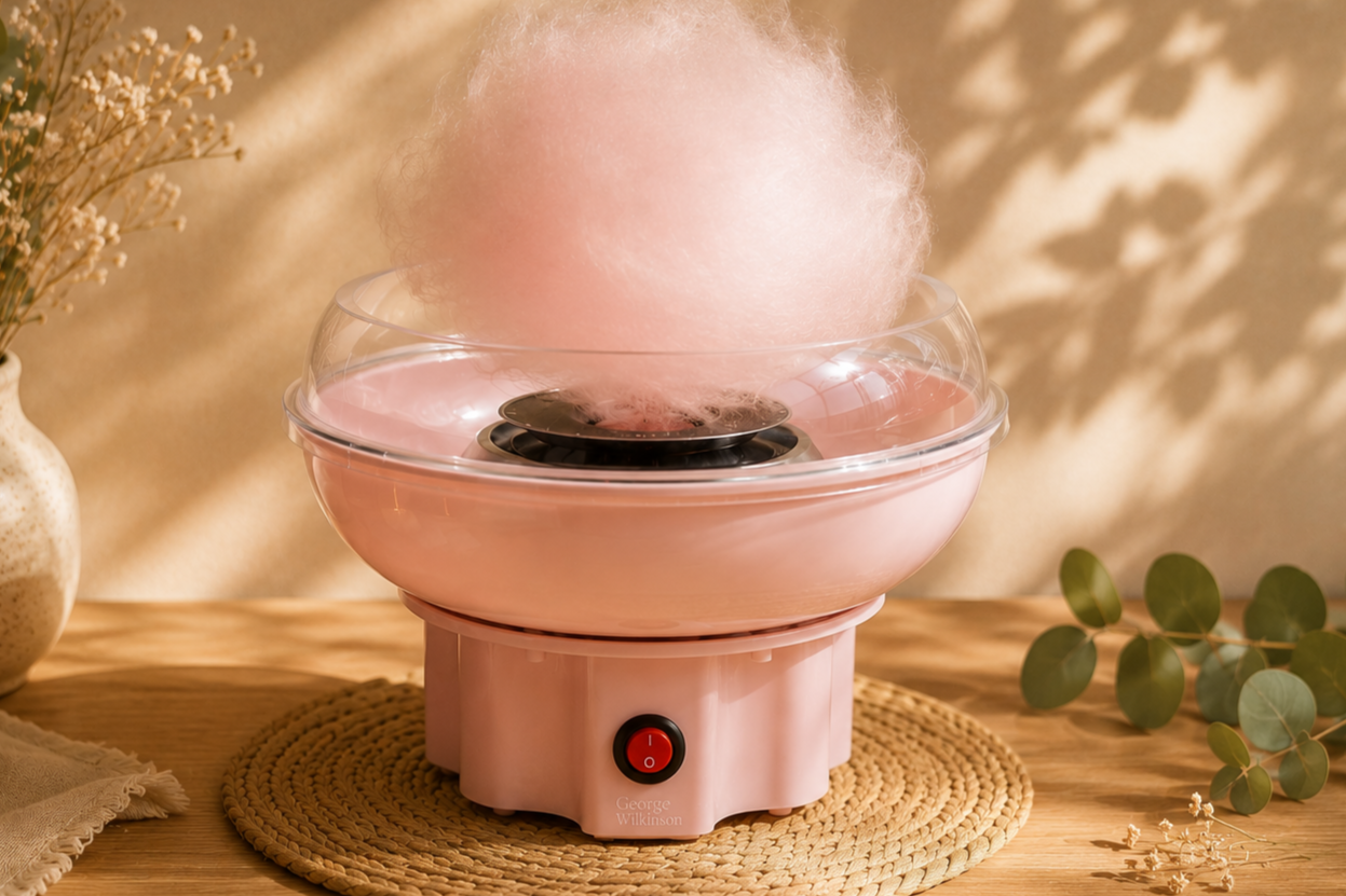 Une machine à boules de coton avec la vapeur s'échappant, sur une table en bois avec des éléments décoratifs
