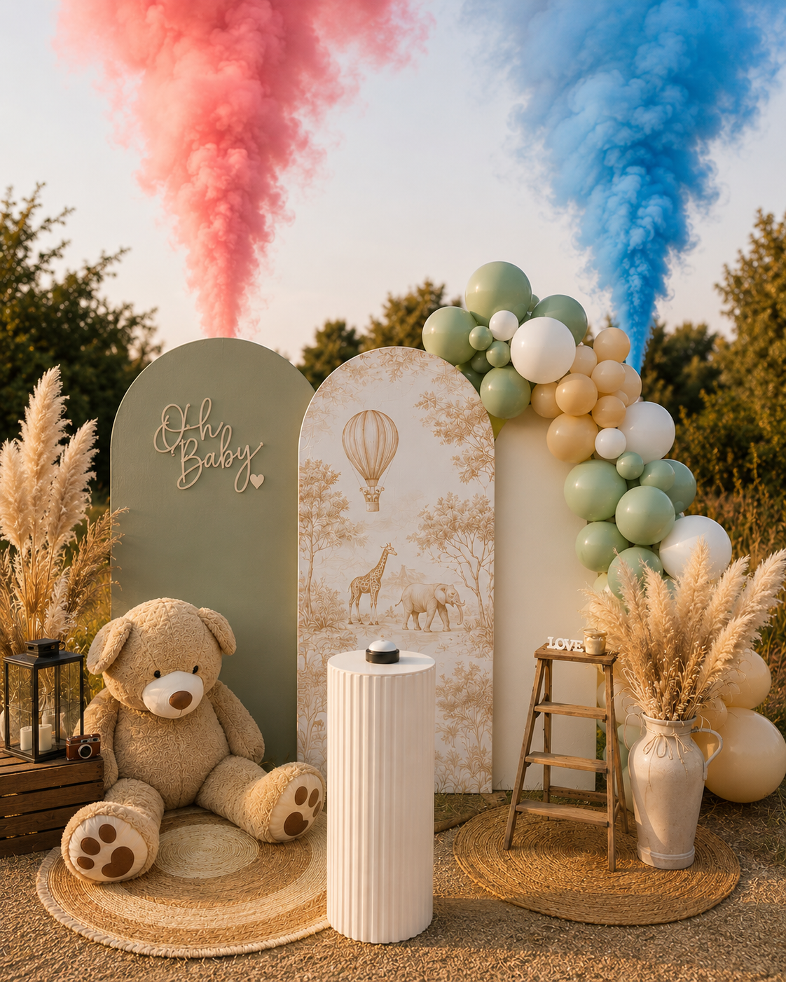 Décoration de gender reveal avec arche de ballons, panneaux personnalisés et coin photo pour révélation du sexe de bébé avec buzzer et canon à poudre.