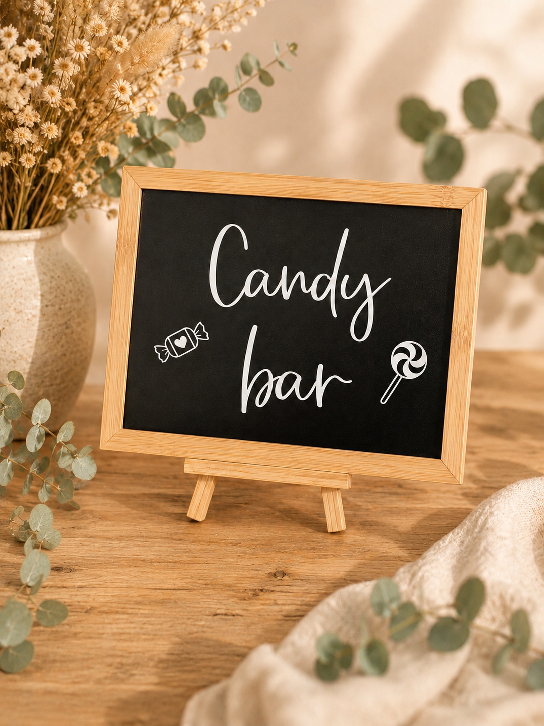 Un panneau noir avec un cadre en bois indiquant "Candy bar" avec des dessins de bonbons et de sucette, entouré de fleurs séchées et de feuilles vertes sur une table en bois.