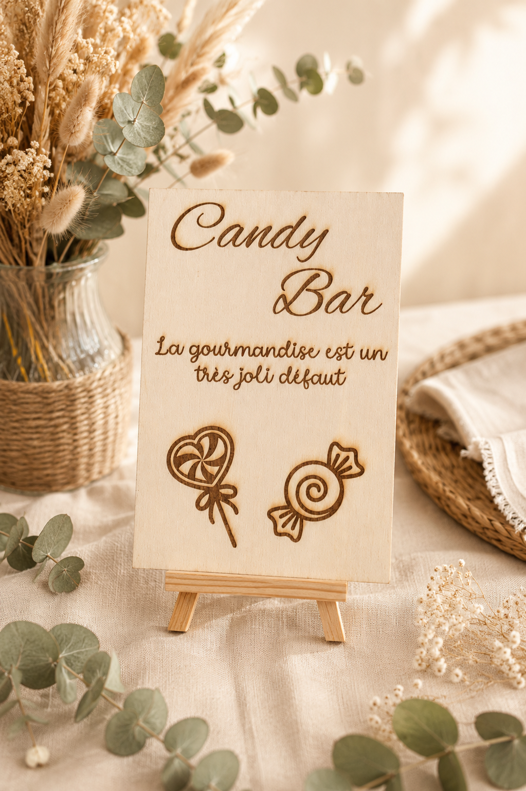 Une affiche en bois avec l'inscription "Candy Bar" entourée de décorations naturelles comme des feuilles d'eucalyptus et des fleurs séchées, et des dessins de bonbons.