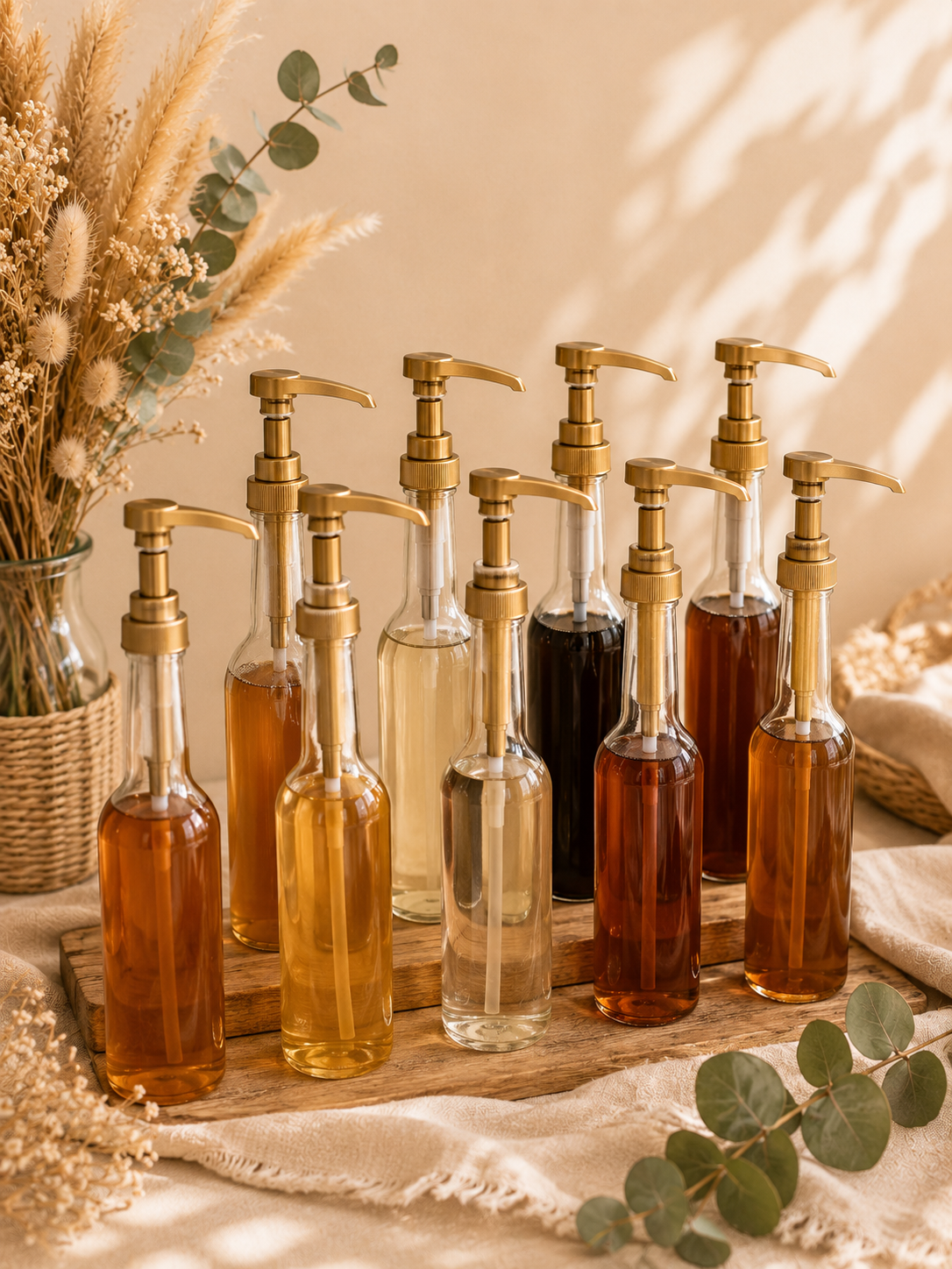 Une collection de bouteilles en verre avec des pompes distributeuses d'huiles ou de liquides, disposées sur une table en bois. À gauche, un vase en osier contenant un bouquet de fleurs séchées et de l'eucalyptus