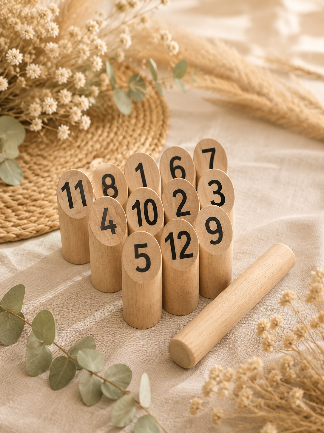 Jeu de société avec des pièces en bois portant des chiffres de 1 à 12, décoré avec des fleurs séchées et une nappe beige.