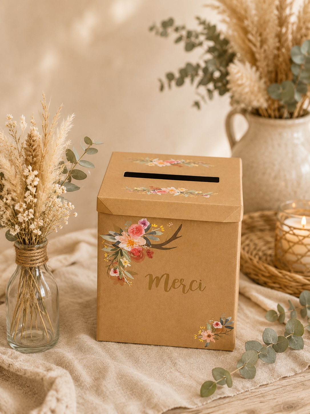Urne avec motifs floraux en location pour mariage, baptême, anniversaire et événements. Son style naturel et bohème s’accorde parfaitement avec une décoration élégante pour recueillir les enveloppes de vos invités. Disponible chez Les Jolis Instants.