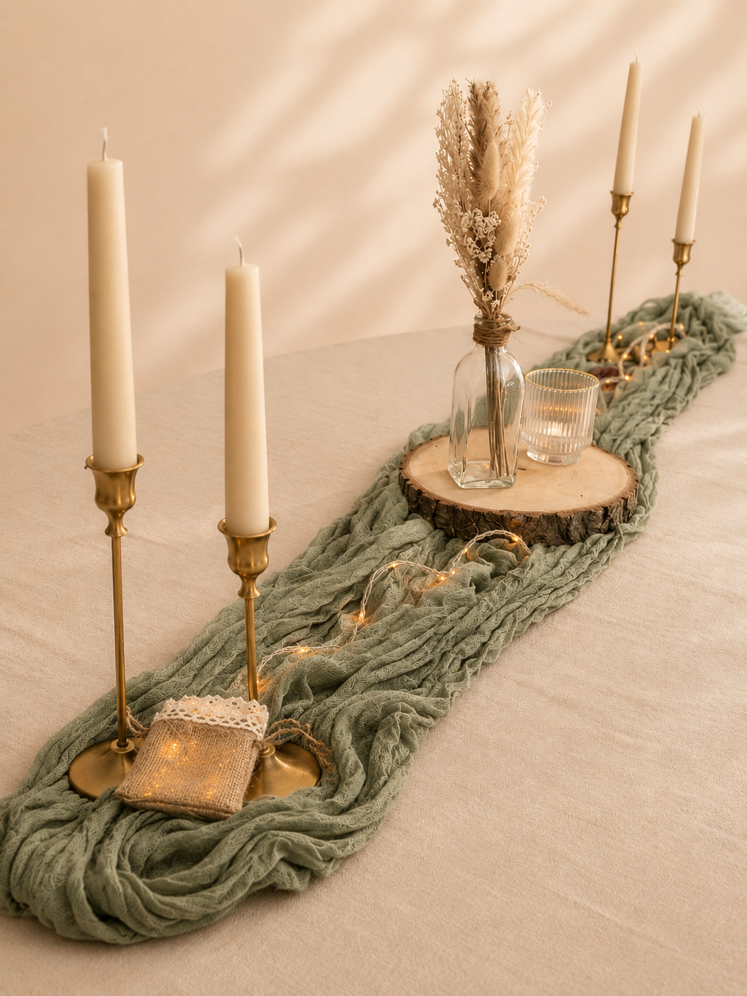 Chemin de table vert sauge en location pour mariage, baptême et anniversaire.

