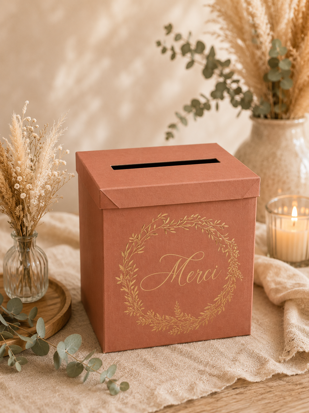 Urne terracotta avec inscription « Merci » en location pour mariage, baptême, anniversaire ou baby shower. Idéale pour recueillir les enveloppes et les attentions de vos invités avec une touche bohème et élégante. Disponible chez Les Jolis Instants.