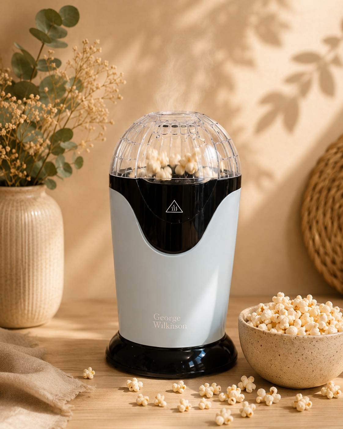 Machine à popcorn électrique avec grains de maïs éclatés dans un bol en céramique, dans un environnement chaleureux avec plante et décoration en rotin.