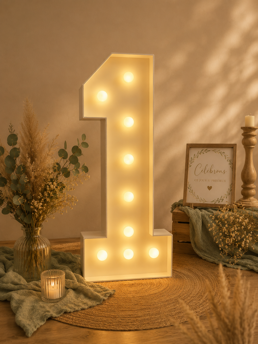 Décoration de fête avec une grande lettre lumineuse numéro 1, entourée de bougies, de fleurs séchées et d'une affiche célébrant un jour spécial.