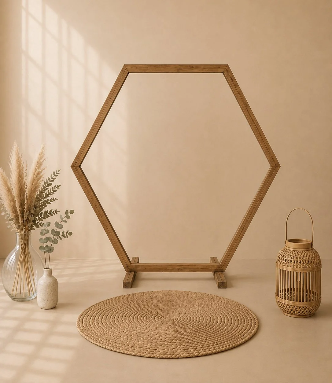 Arche hexagonale en bois en location pour mariage, cérémonie laïque, baptême, anniversaire et événements. Son style naturel et bohème s’adapte parfaitement aux décorations avec fleurs, voilages ou ballons. Disponible chez Les Jolis Instants 