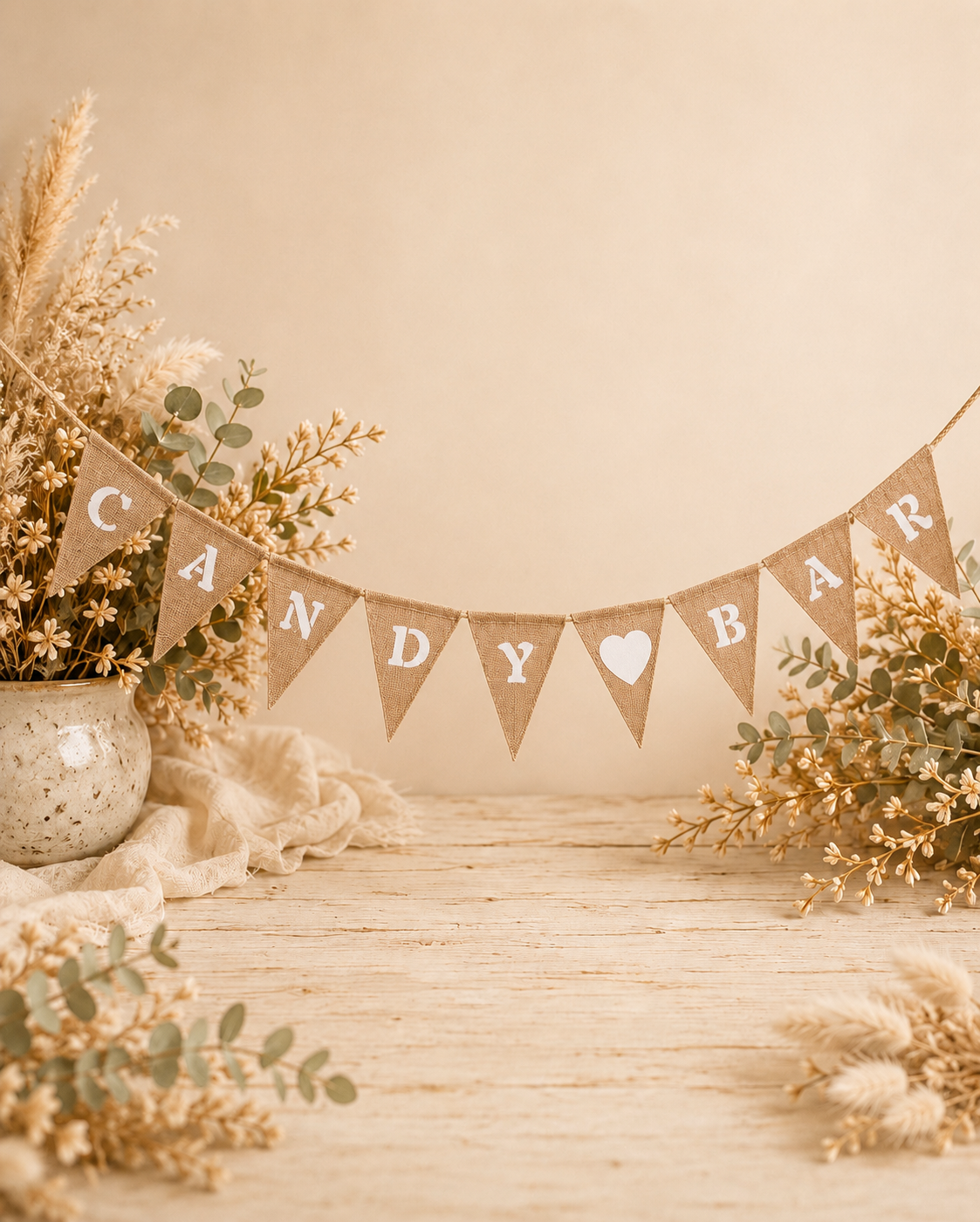 Décor de fête avec une bannière 'CANDY BAR' en toile de jute et des fleurs séchées