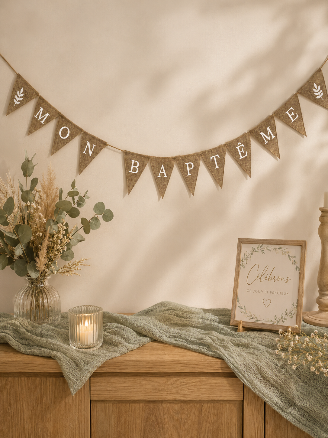 Décoration intérieure pour une célébration religieuse avec une bannière en tissu avec les mots "Mon baptême", une vase avec des fleurs séchées, une bougie, et un cadre avec une inscription en français.