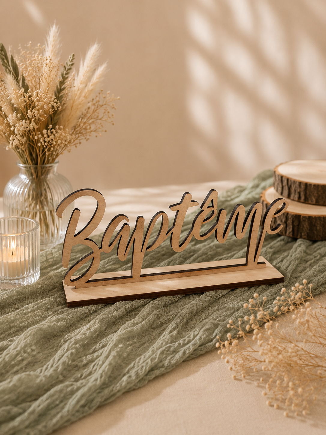 Décoration de table avec un panneau en bois écrit 'Baptême', bougie dans un verre, fleurs séchées dans un vase en verre, tranches de bois décoratives, et un tissu vert foncé.