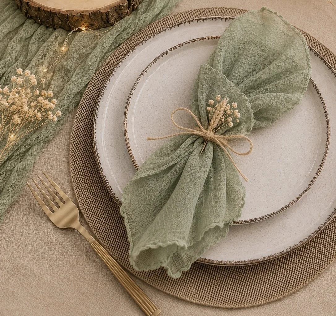 Serviette vert sauge en location pour décoration de table de mariage et d’événement.

