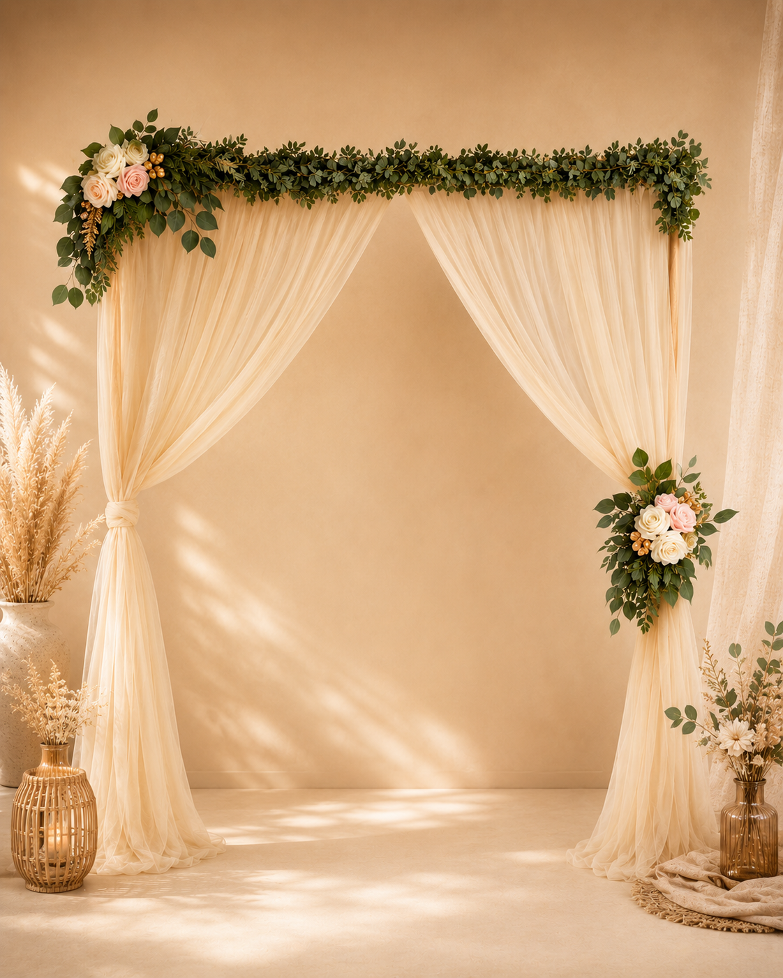Lot de voilages beiges en location pour arche rectangulaire. Idéal pour sublimer une cérémonie laïque, un mariage, un baptême, une baby shower ou un anniversaire avec une décoration bohème et élégante. Disponible chez Les Jolis Instants 