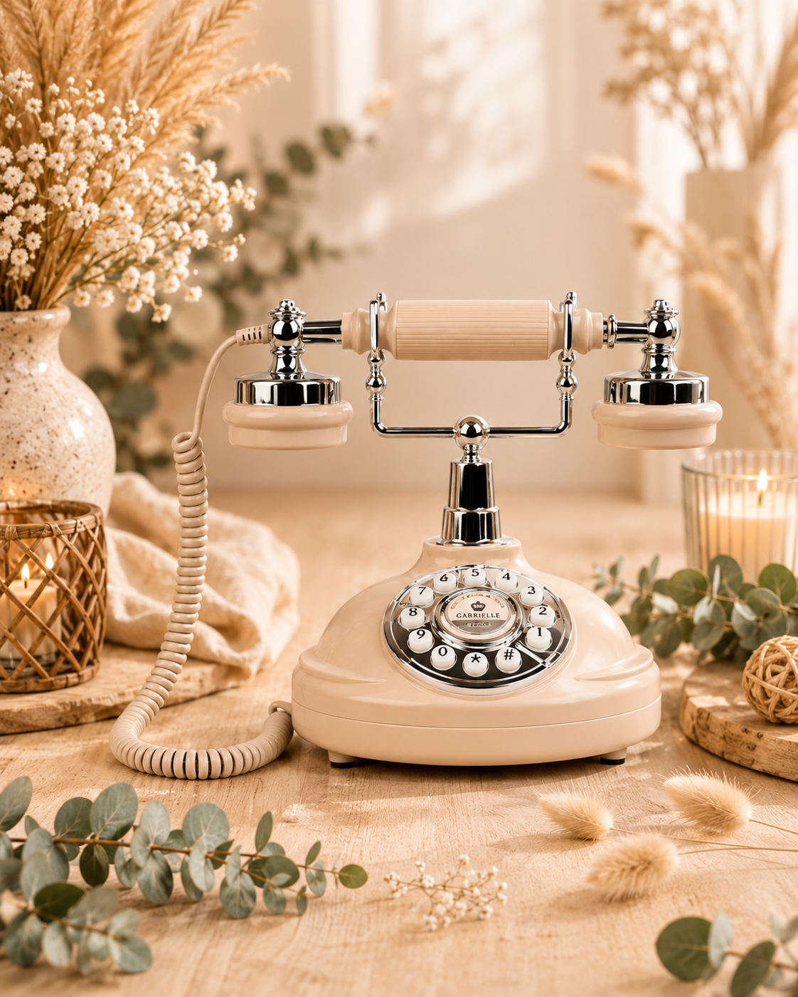 Téléphone vintage beige Livre d'Or Audio en location pour décoration de mariage, coin livre d’or audio ou décoration bohème. Disponible chez Les Jolis Instants dans le Pas-de-Calais.