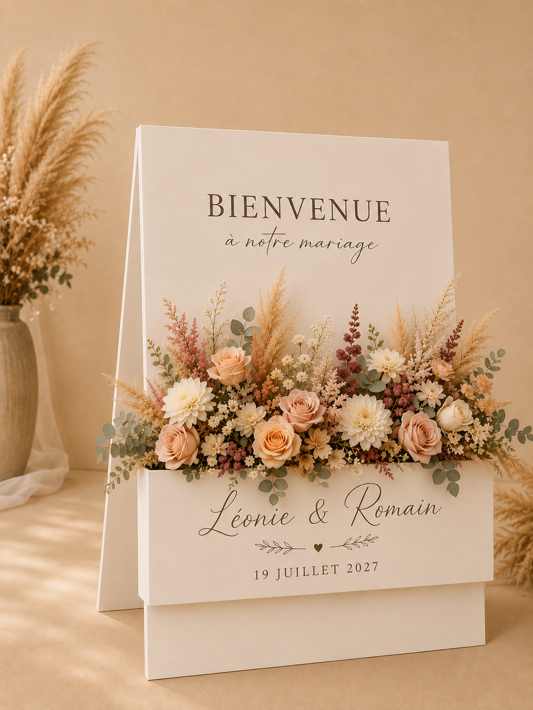 Panneau de bienvenue avec bac à fleur à décorer pour un mariage, bientôt disponible chez Les Jolis Instants