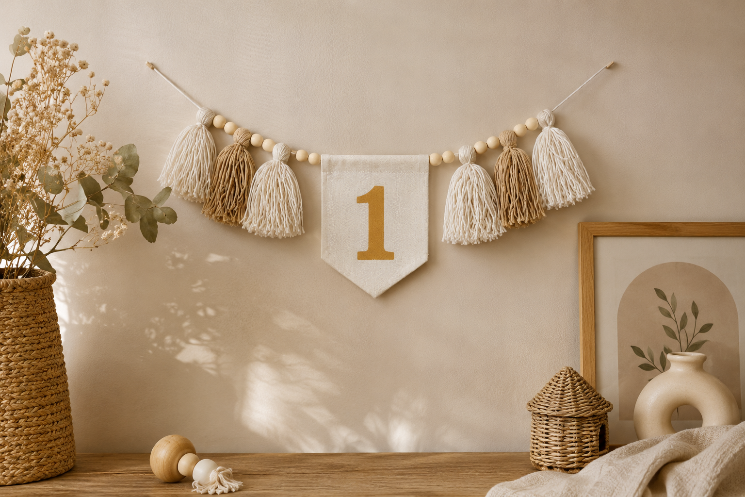 Décoration intérieure avec un guirlande de pompons en corde, une bannière numérotée 1, et des objets en matériaux naturels comme un panier en rotin, une vase en céramique, une peinture avec des feuilles, et une petite maison en rotin, sur une table en bois.