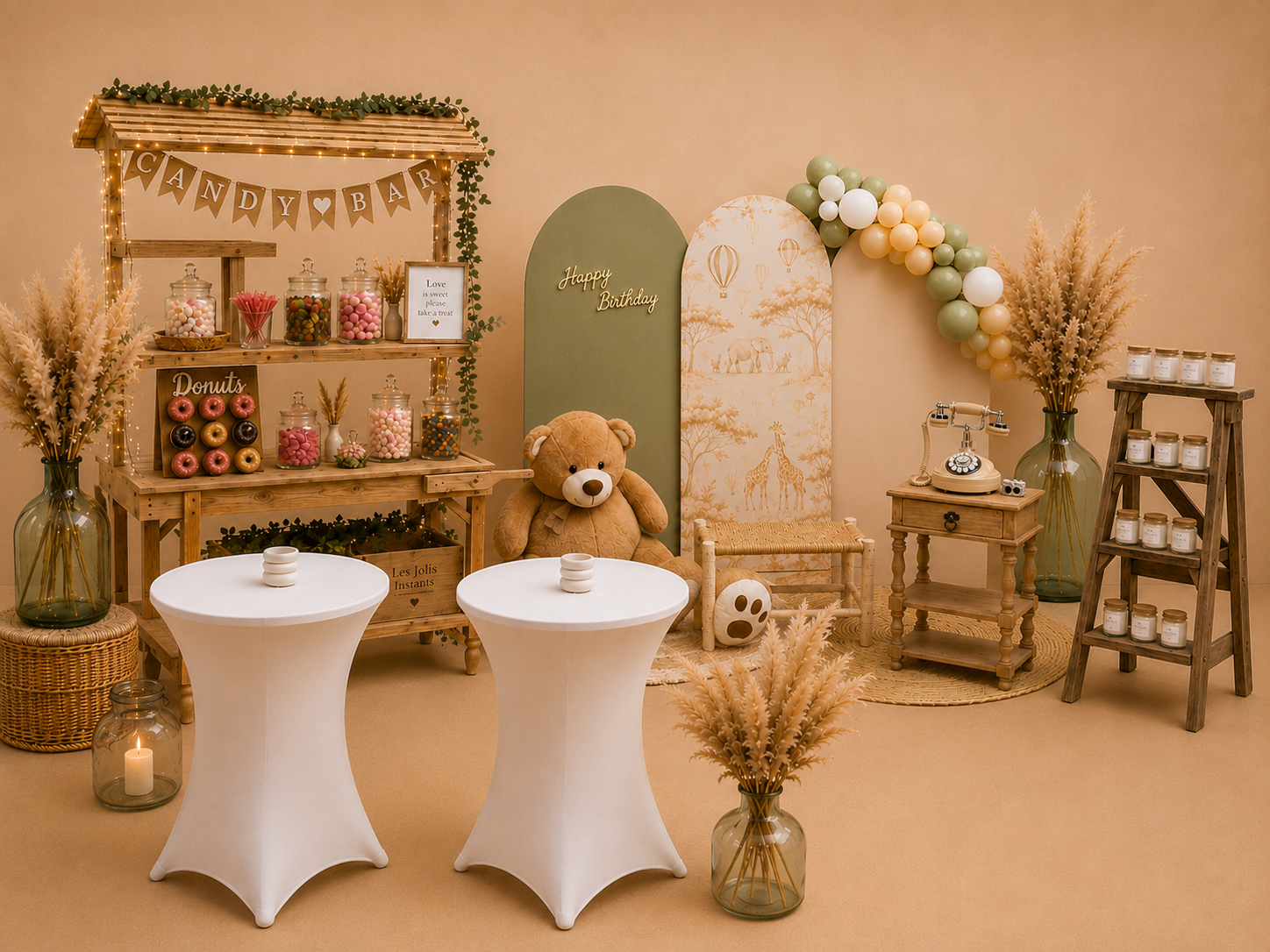 Présentation des collections Les Jolis Instants avec décoration de table, mobilier, arches, vases, compositions florales et accessoires de décoration à louer pour mariage, anniversaire, baptême et événements sur la Côte d’Opale.