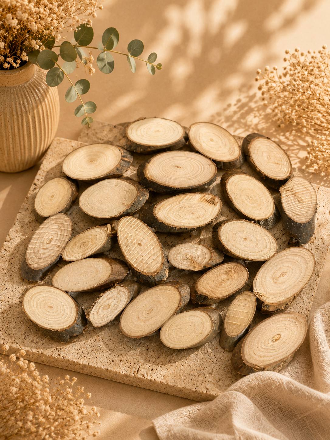 Rondins de bois en location pour décoration de table.
