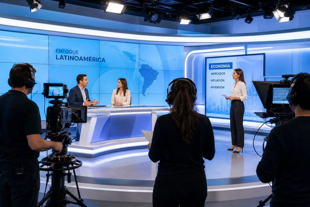 News studio with a panel discussion on Latin America economy, featuring three presenters and a camera crew recording.