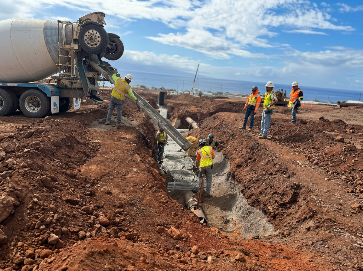 Construction workers in safety vests and helmets laying concrete in Lahaina, Maui, Hawaii.