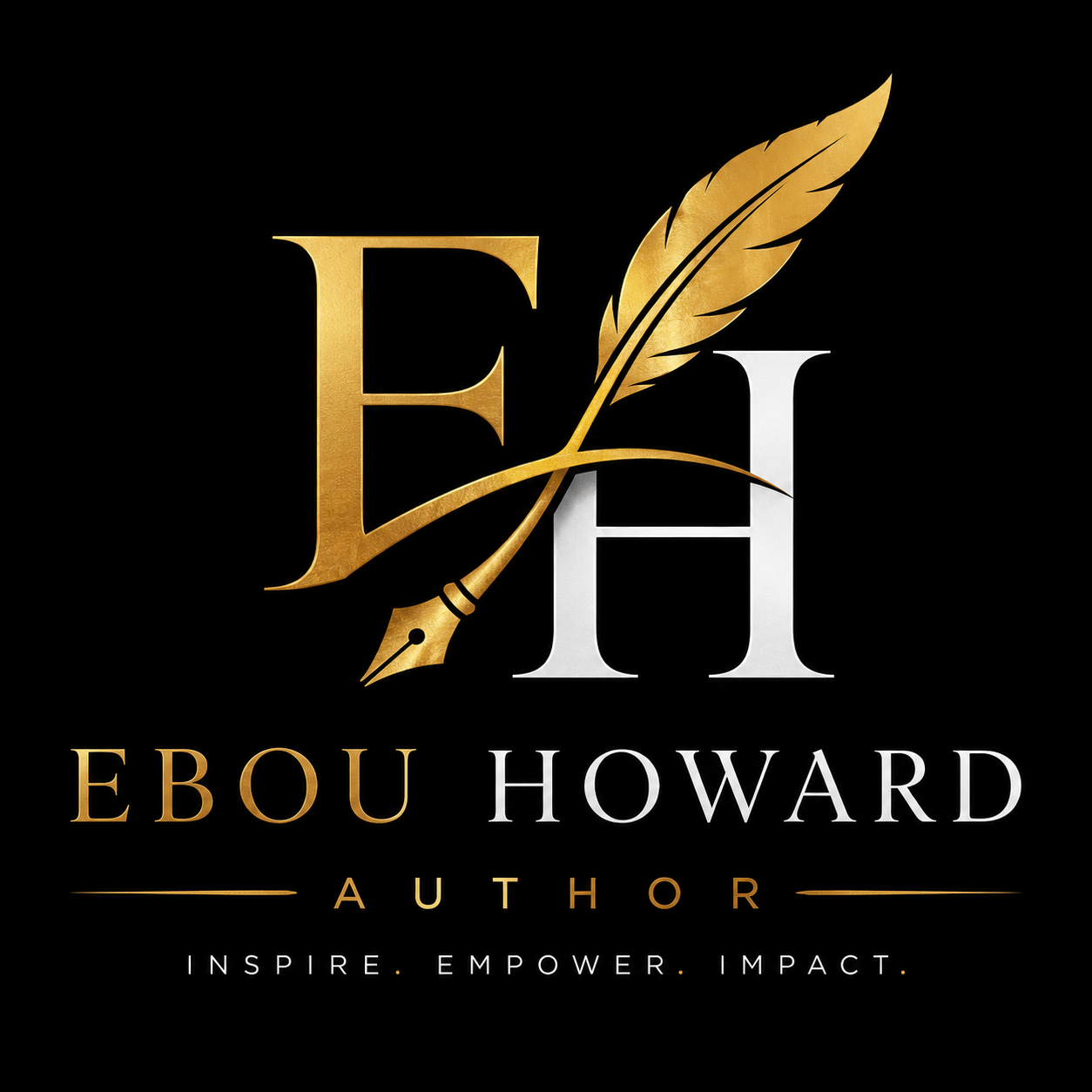 A black background with a gold and silver logo of a writing quill combined with the initials E H. Below, the name 'Ebou Howard' with the word 'Author' and the tagline 'Inspire. Empower. Impact.'
