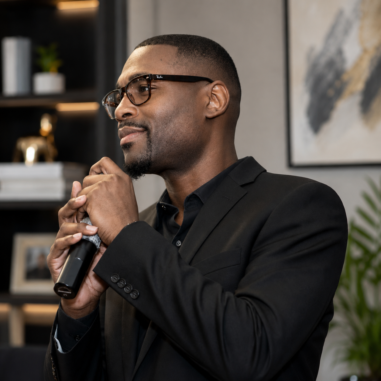 A confident African American man in a black suit and glasses holding a microphone, standing in a modern office or conference room with wall art and decor.
