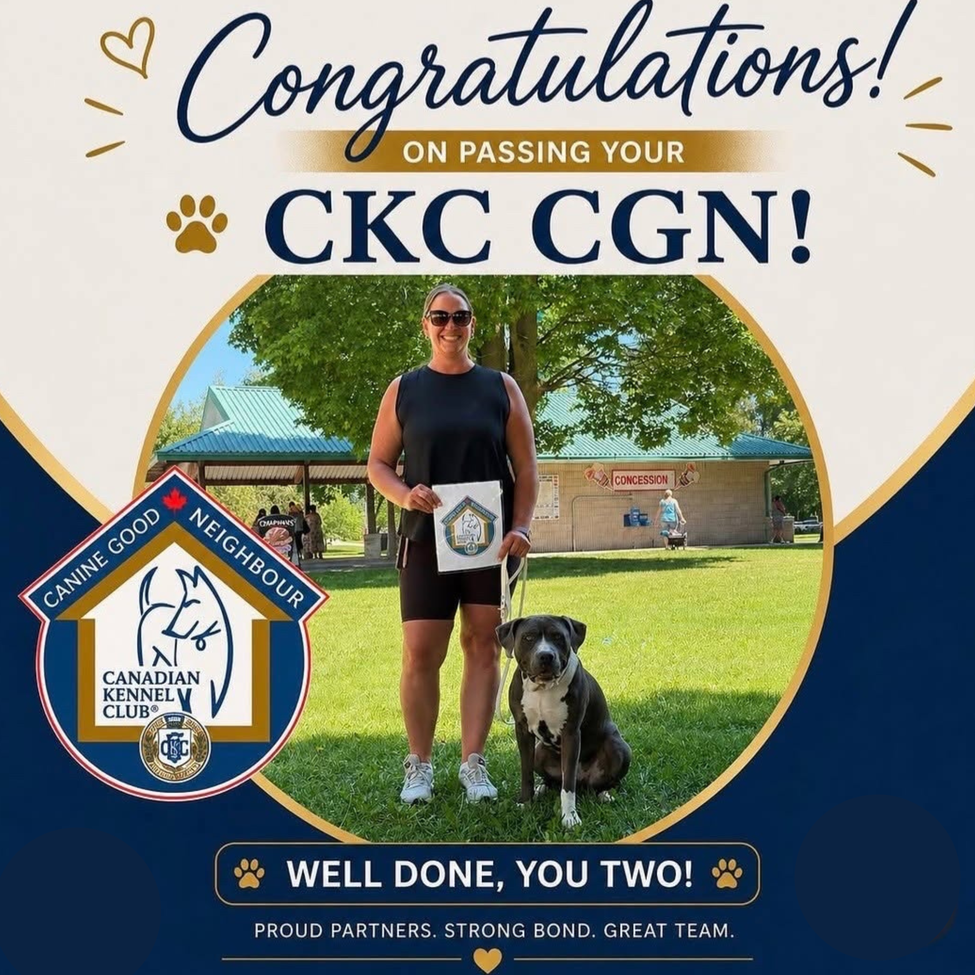A woman in a black sleeveless top and sunglasses standing outdoors with her black and white dog, holding a certificate, under a tree. The background shows a pavilion and a sign indicating a concession stand. The image contains a congratulatory message for passing a canine certification test, including phrases like 'Congratulations!', 'Well done, you two!', and various badges and logos related to a Canadian Kennel Club event.
