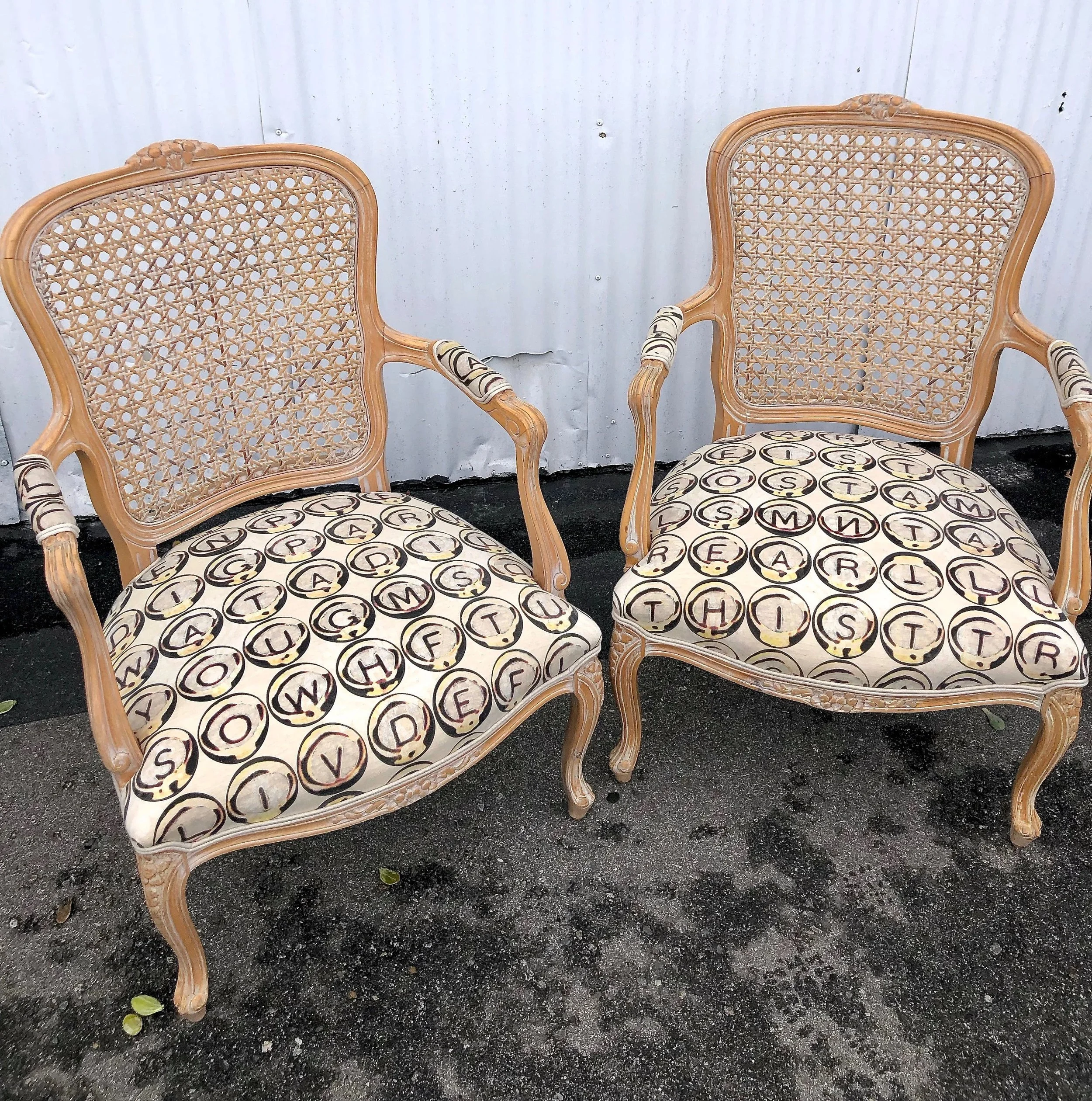 Keyword original art handprinted fabric and upholstered, unique art chairs. Classic Collette customized pair of chairs