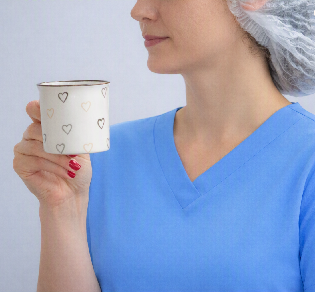 Nurse in scrubs with coffee cup
