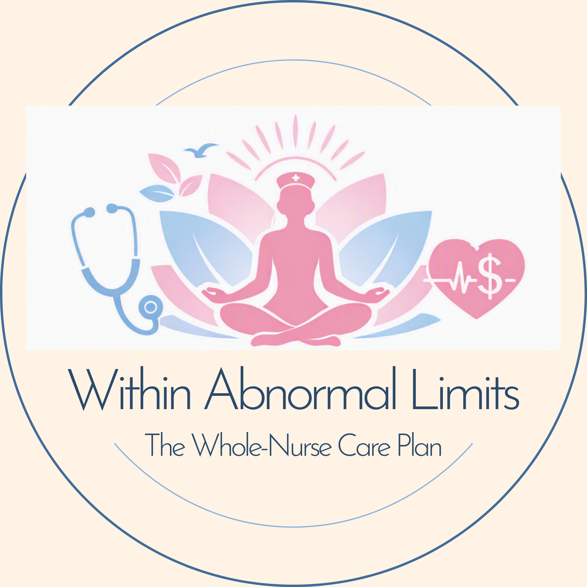 Cover of a healthcare plan titled 'Within Abnormal Limits the Whole-Nurse Care Plan' with a logo featuring a nurse silhouette, a stethoscope, leaves, a bird, and a dollar sign.