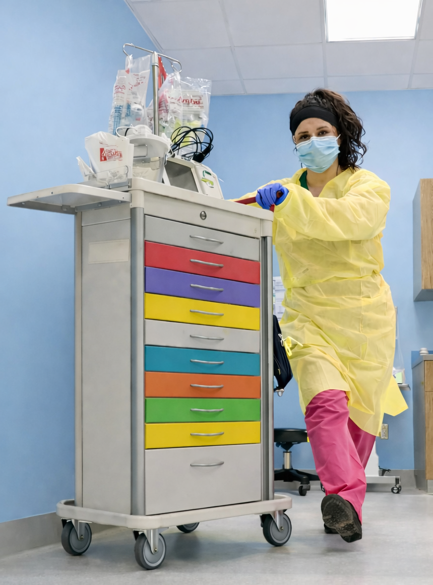 Healthcare worker in yellow gown, pink scrubs, wearing a face mask and gloves, standing next to a medical crash cart with colorful drawers in a hospital setting.