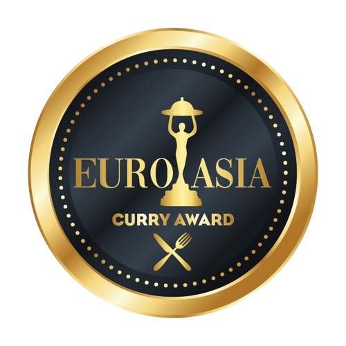 Euro Asia Curry Award badge with a gold border, black background, and a central figure holding a plate, featuring text and a fork and spoon icon.