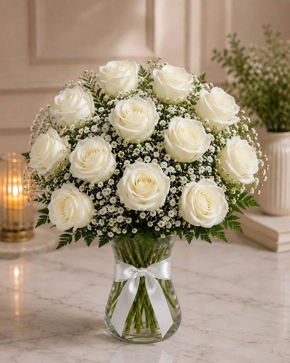 Premium One Dozen White Roses in vase