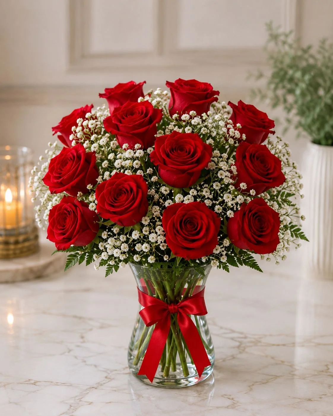 Premium One Dozen Red Roses in vase.