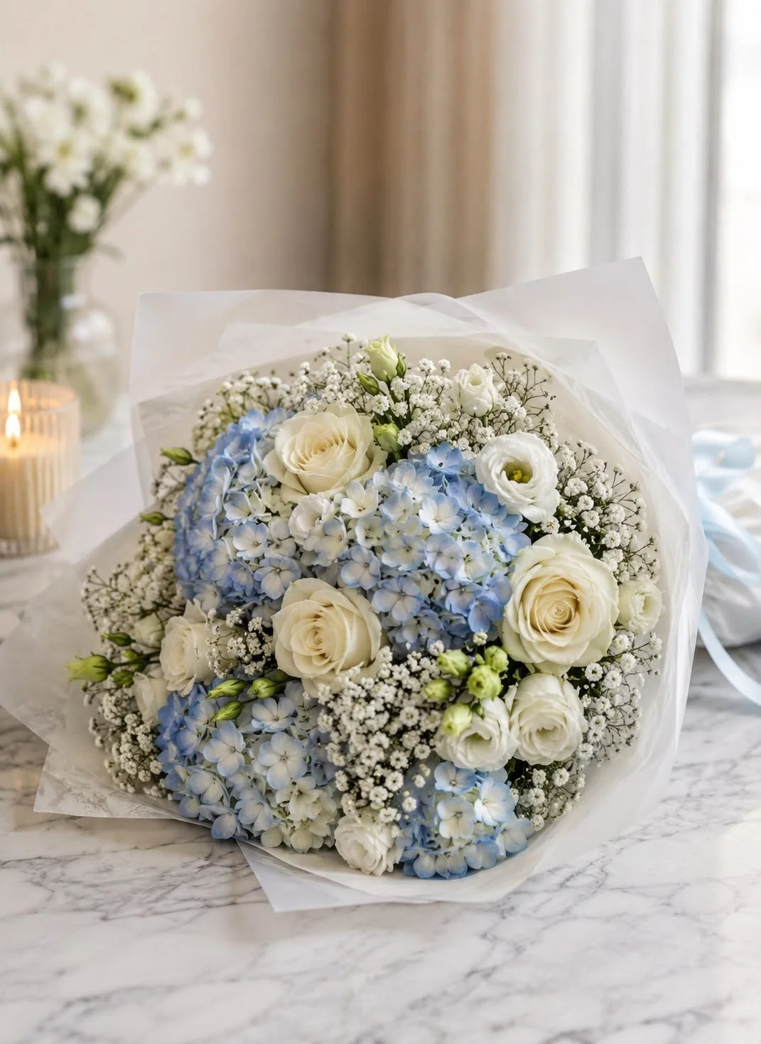 Fresh white roses and blue hydrangeas