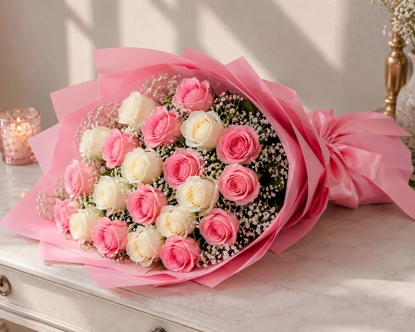 White and pink roses combination