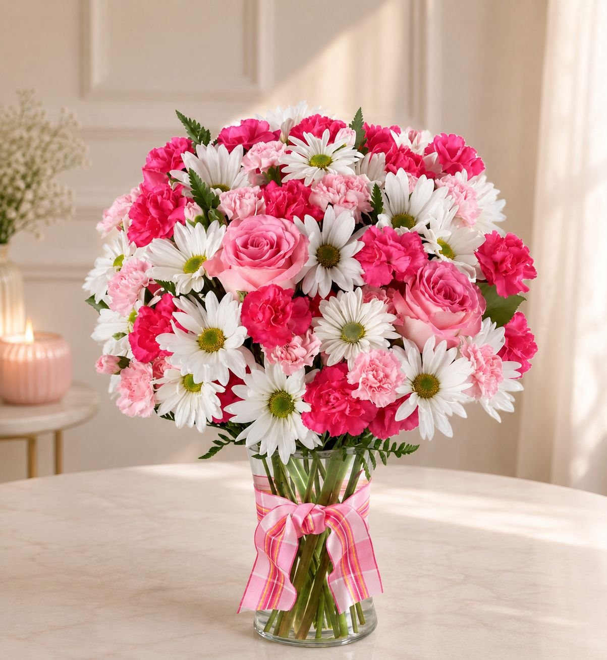 Elegant Glass Vase Arrangement featuring beautiful pink roses with fresh white daisies and carnations