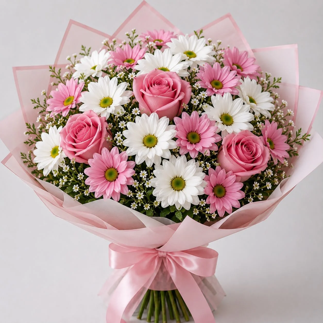pink roses, white daisies
