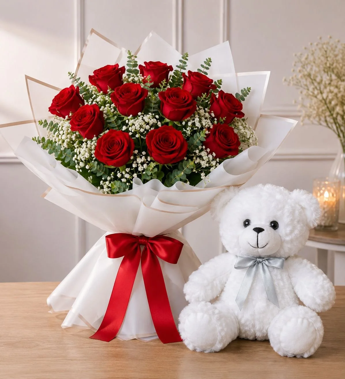 Premium One Dozen Red Roses with teddy bear