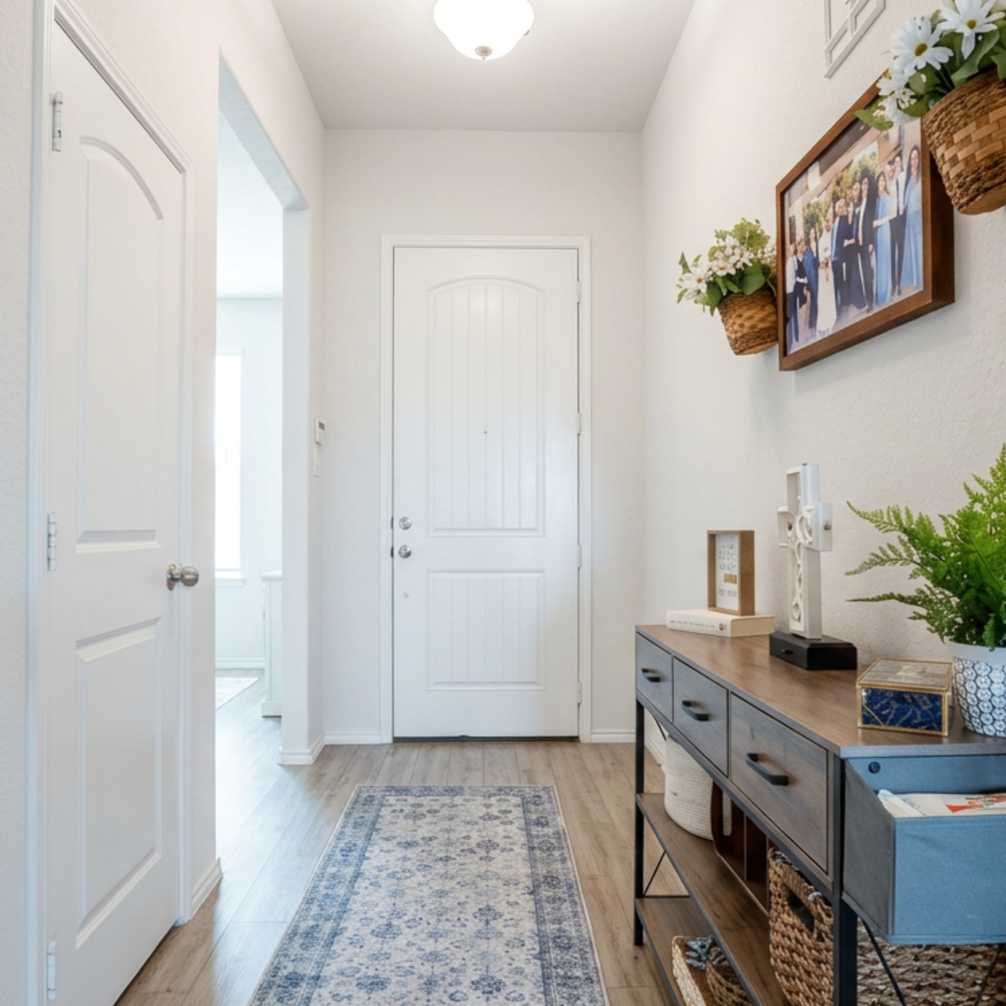 Entryway with white walls, hardwood floor, and a blue patterned rug. On the right, there is a gray console table with baskets and decorative objects, including a framed photo and plants. On the wall, there are framed family photos and hanging baskets with flowers. A ceiling light fixture provides illumination.