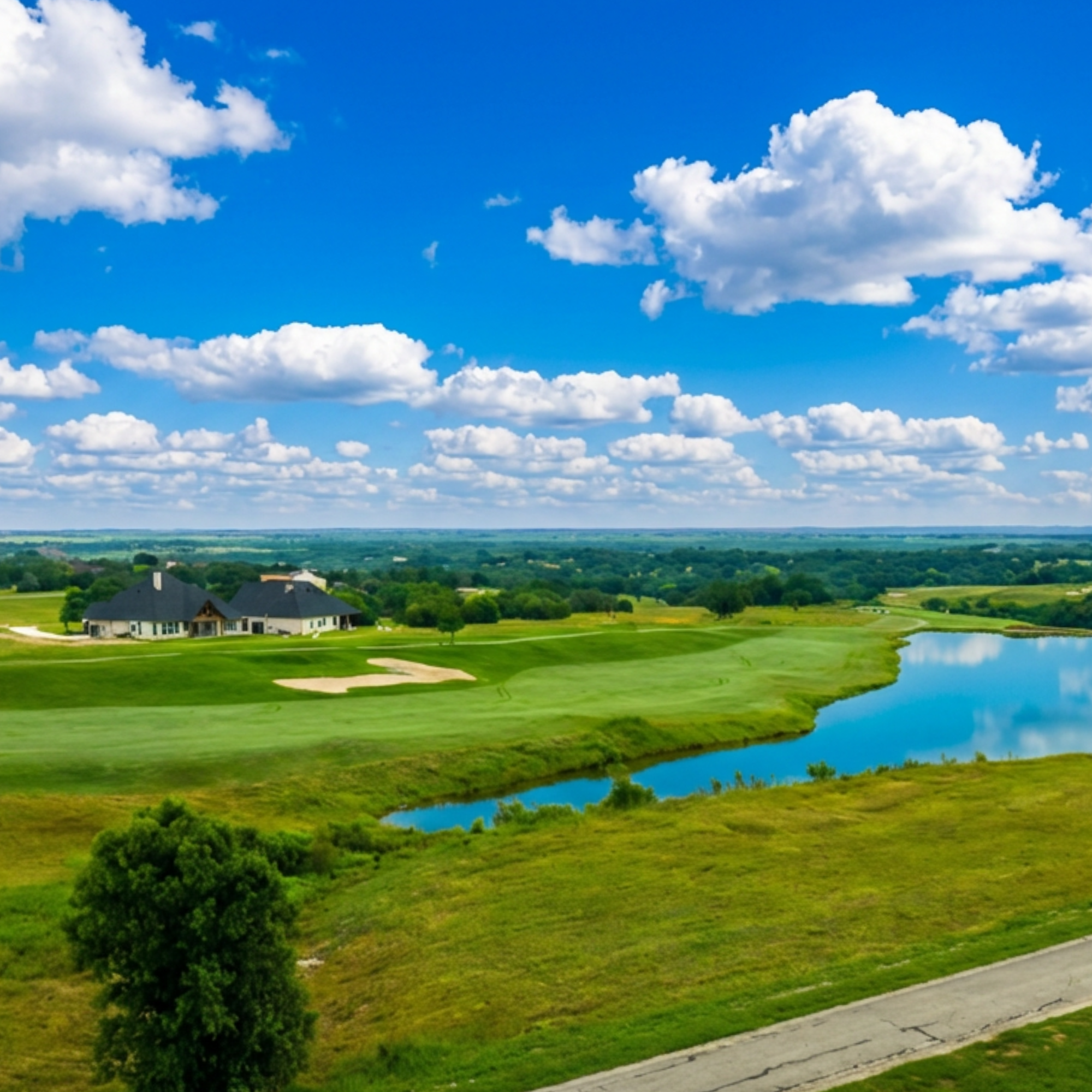 A scenic view of a landscape with a small pond, lush green grass, trees, and a house with a gray roof in a rural area under a blue sky with scattered white clouds.