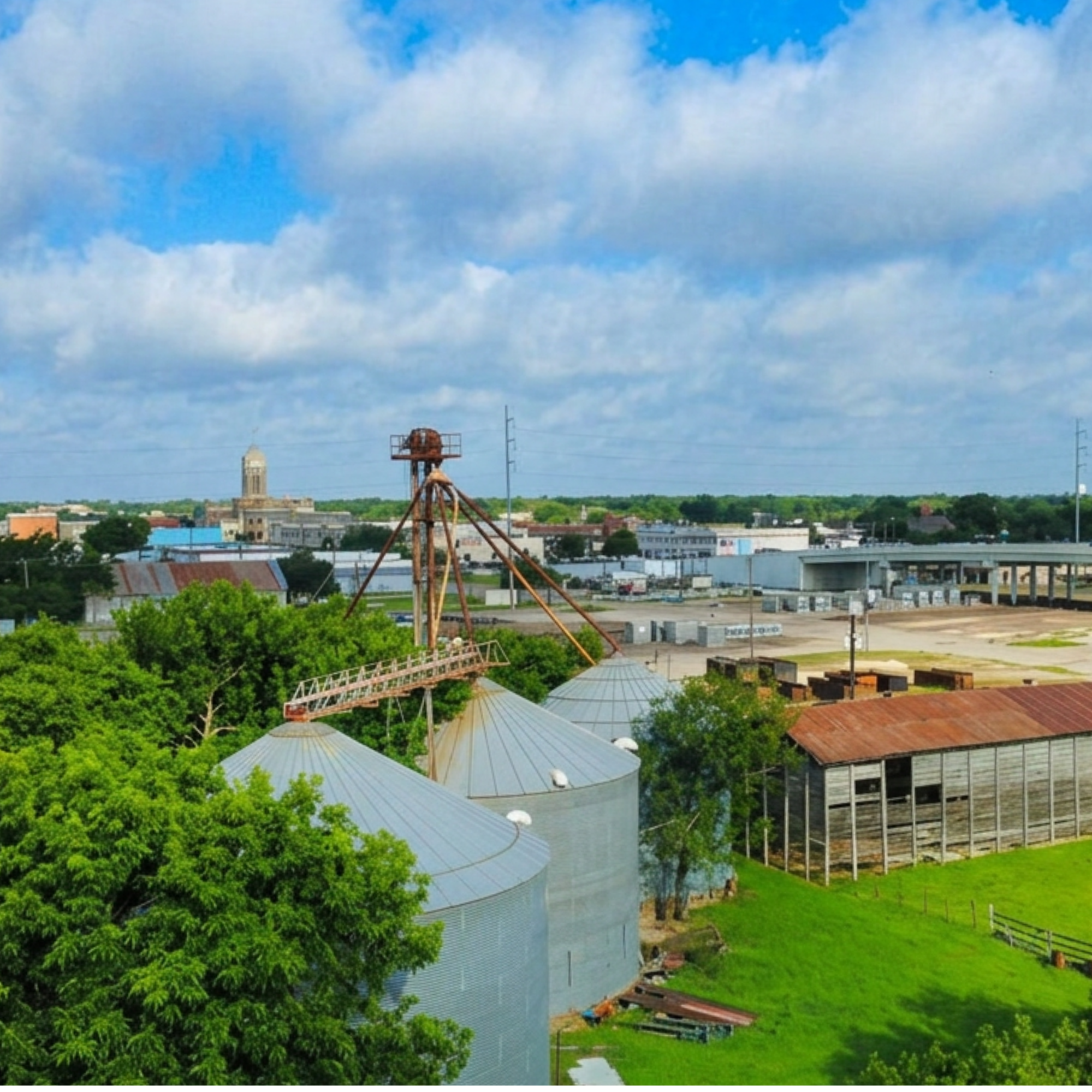 A cityscape with a partly cloudy sky, green trees, industrial buildings, and rooftops, including a water tower and a church or government building with a dome.