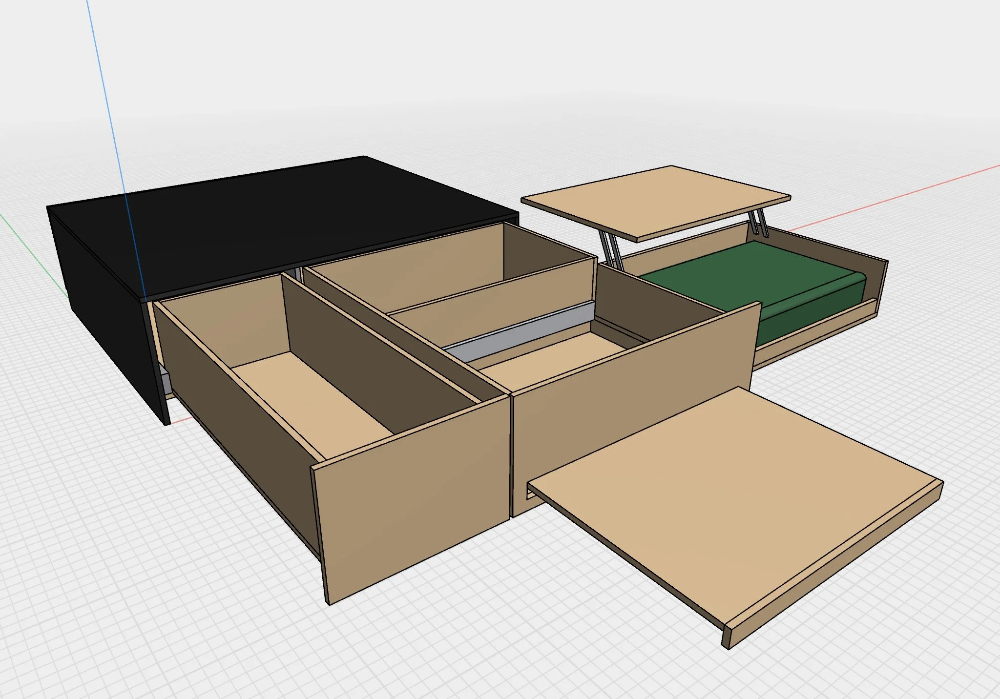 A 3D model of a modern furniture set including a black couch, wooden tables, and a green cushioned side seat.