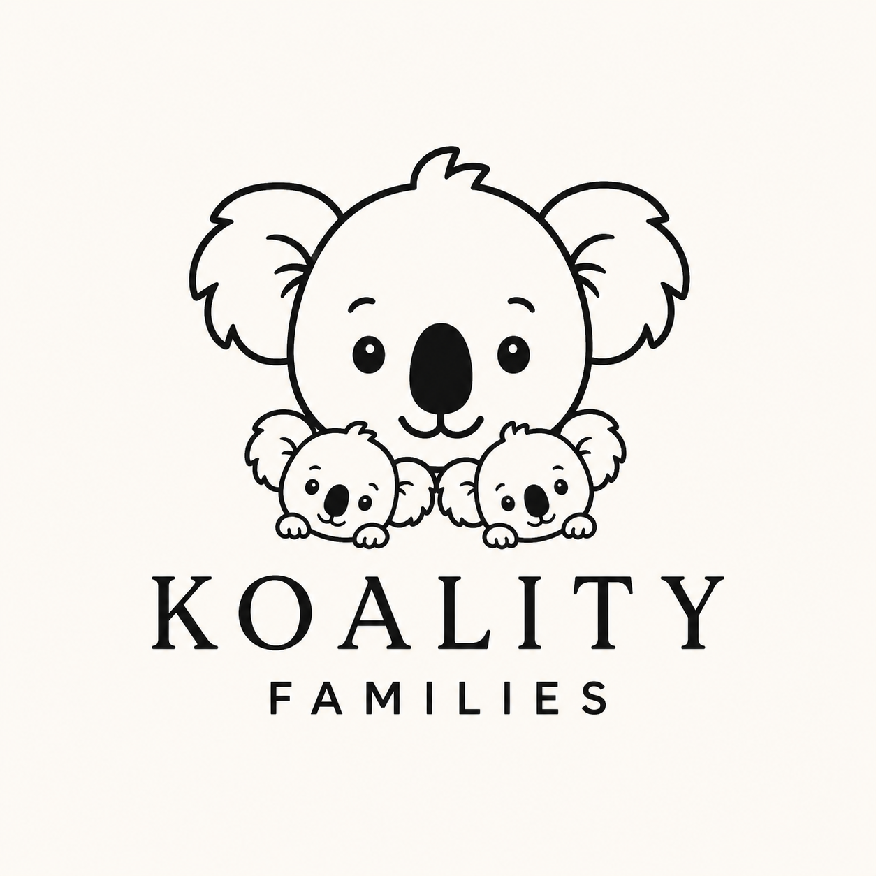 Black and white logo of a larger koala with two smaller koalas underneath, with the word 'Koality' and 'Families' beneath them.