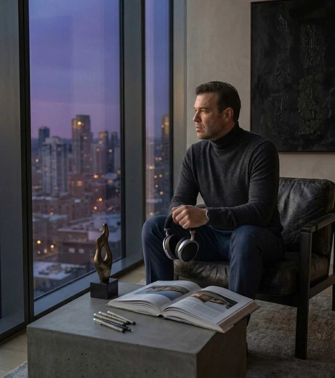 Homem sentado em um sofá com vista para a cidade ao pôr do sol, segurando fones de ouvido. Em uma mesa de centro, há um livro aberto, canetas e uma escultura decorativa.