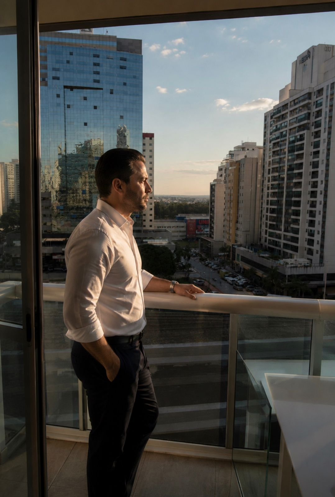 Homem de terno branco e calça escura, de cabelo escuro e penteado para trás, olhando para fora de uma varanda de prédio, com vista de edifícios modernos e céu parcialmente nublado ao entardecer.