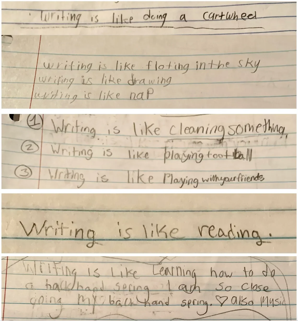 Compilation of handwritten notes about writing, comparing it to various activities like flying in the sky, drawing, cleaning, playing football, and reading, with some crossed-out words and doodles.