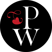 Stylized logo with the letters P and W in white, a red cherry with a stem, on a black background.
